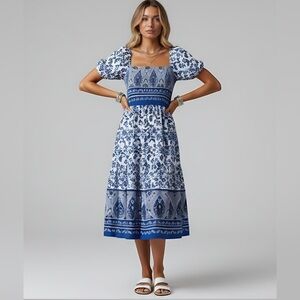 Blue Boho Floral Print Square Neck Ruffle Hem Dress